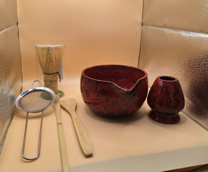 "Akahana" Set de Matcha 6 Pièces en Céramique Rouge Veiné Noir