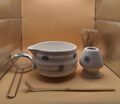 👁️‍🗨️ Set Matcha 5 pièces en céramique – Mati (μάτι) l'oeil du diable
