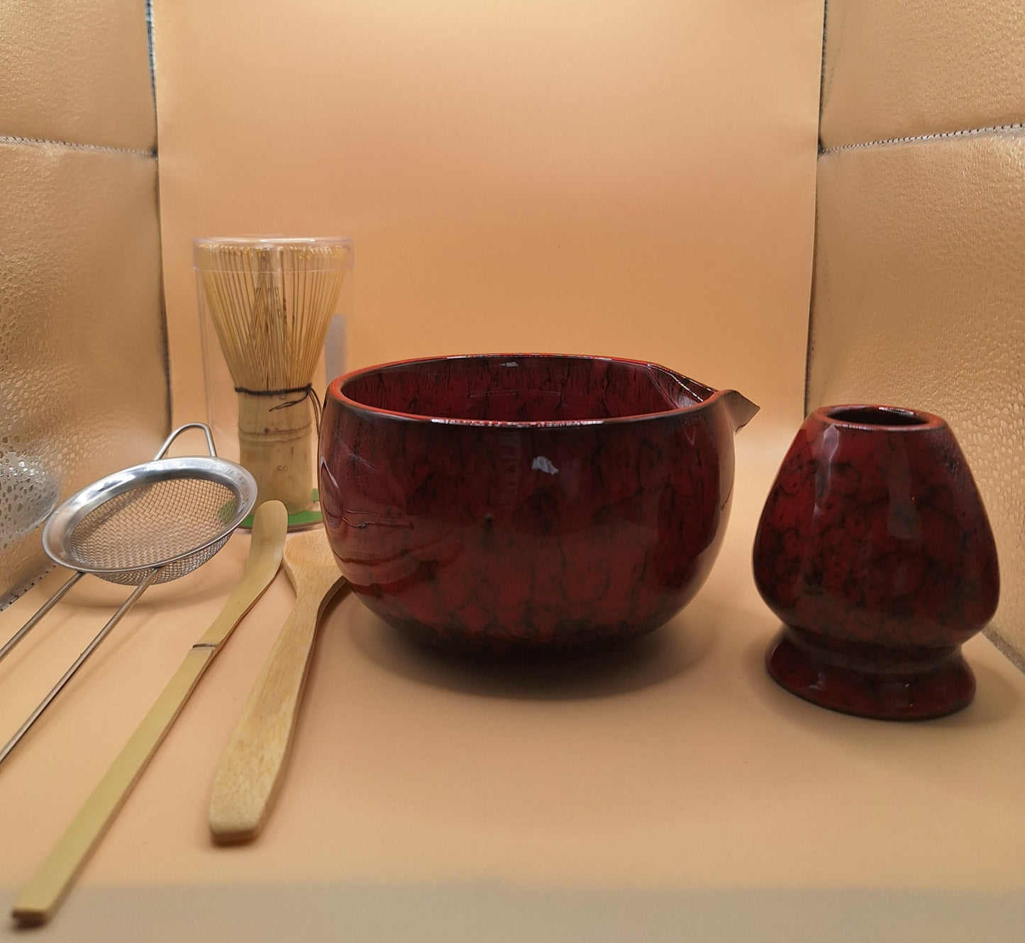 "Akahana" Set de Matcha 6 Pièces en Céramique Rouge Veiné Noir