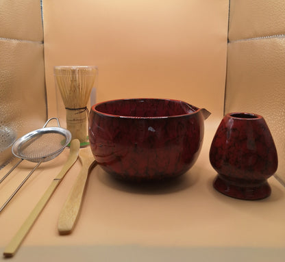"Akahana" Set de Matcha 6 Pièces en Céramique Rouge Veiné Noir