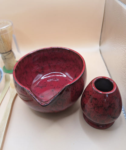 "Akahana" Set de Matcha 6 Pièces en Céramique Rouge Veiné Noir