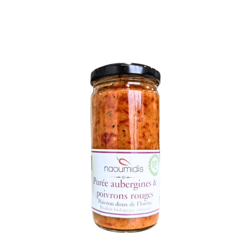 🔥 Purée BIO d’Aubergines & Poivrons Rouges de Florina – Naoumidis – 245g (avec les célèbres poivrons Florinis, les plus réputés de Grèce)