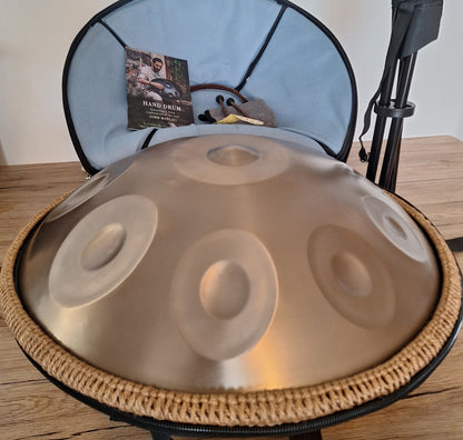🧡🥁 Handpan / Tambour à langue en acier doré – 22’’ – Ré min Kurde (432 Hz) Instrument intuitif & immersif – 9 notes – Set complet neuf 💙